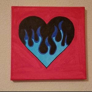 Handpainted Blue And Black Heart Canvas Art with Blue Flames 10x10"